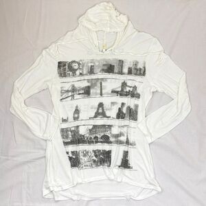 Occasion Y2K Long Sleeve Lightweight White Hoodie Shirt Cities Embellished XL